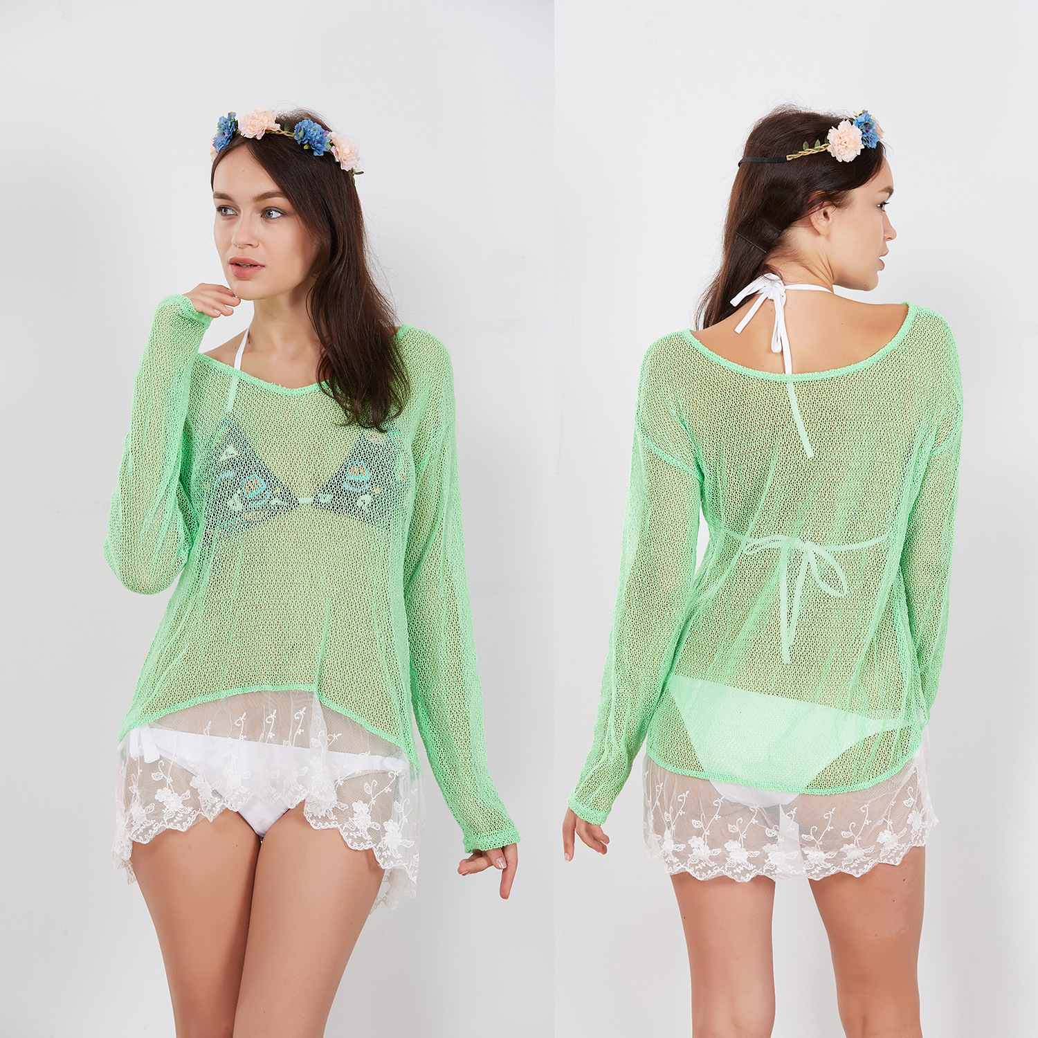 Lace Trim Sheer Top Sexy V Neck Long Sleeve Hollow Out Design Fashionable Layering Piece for Women Wholesale
