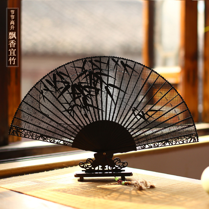 批发精雕黑檀木精品木扇子紫光檀工艺扇礼品扇出国礼品木质手工扇|ru