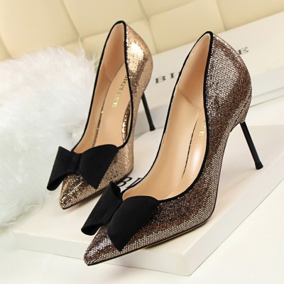 393-9 han edition fashion sexy sequined shoes high heel with shallow mouth pointed bow single shoe heels