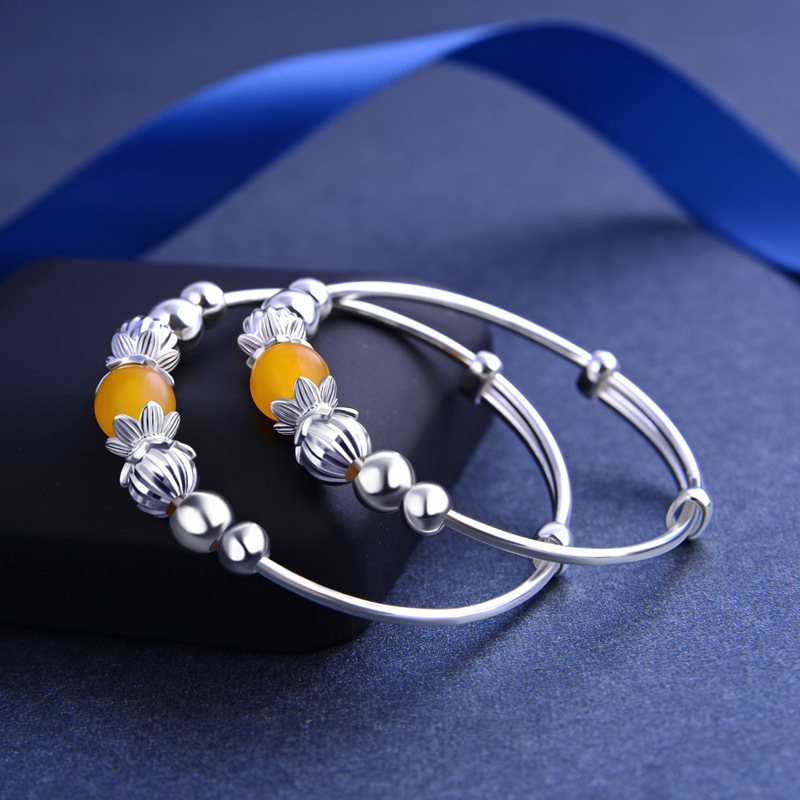 Calcedonia cuentas s990 plata pura bebé pulsera de plata esterlina niños y niñas niños pulsera de plata Anillo de pie Luna Llena regalo