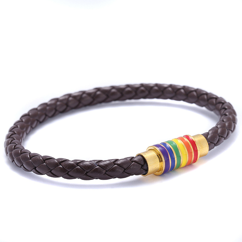 simple braided leather rainbow color titanium steel magnet buckle bracelet