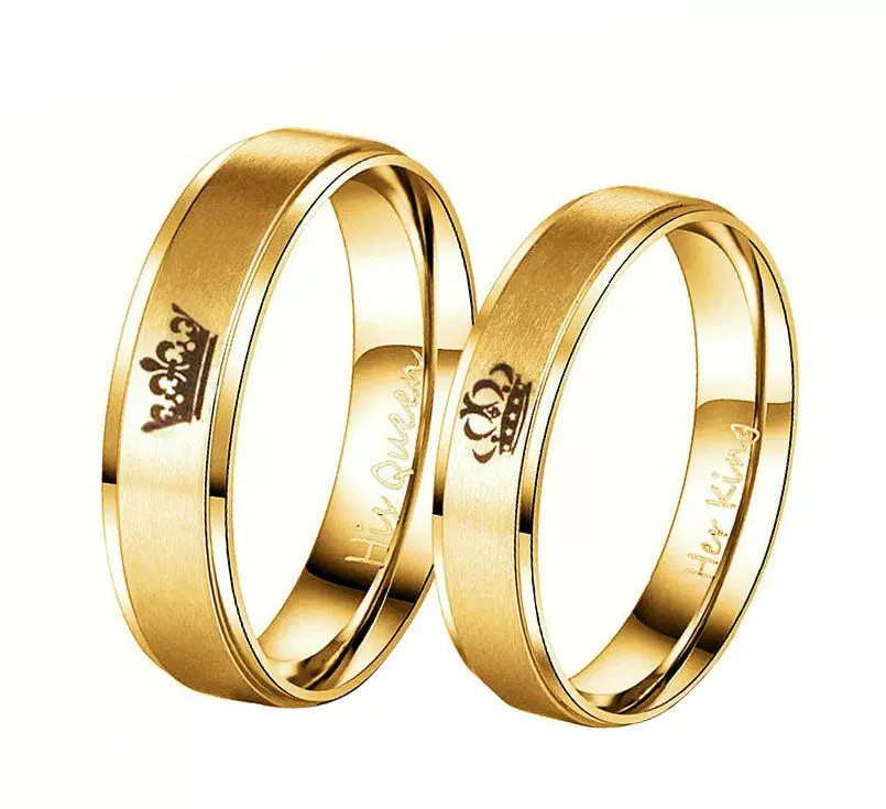 18K金色his queen her king 情侣戒指 钛钢刻字指环 wishebay跨境