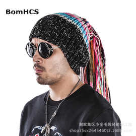 BomHCS欧美摇滚风长发辫子帽纯手工针织毛线假发帽冬亚马逊速卖通
