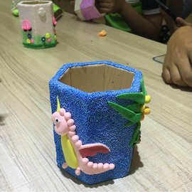 儿童创意手工制作diy 木制六角笔筒白胚雪花珍珠泥粘土益智玩具