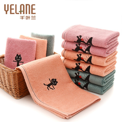 素色刺绣卡通小黑猫竹纤维毛巾120g加厚家用洗脸大毛巾定制印logo|ru