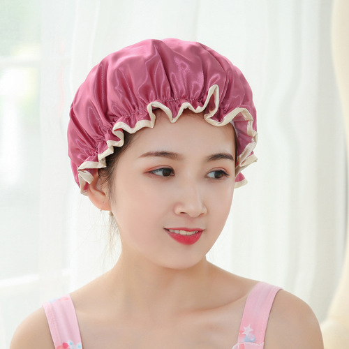 Double-layer satin waterproof shower cap, thickened adult men's and women's shower cap, oil-proof PE cloth baked oil cap