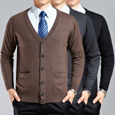 2017秋季男式羊绒衫开衫 中老年男士方便穿脱线衫 父亲纯色羊绒衫