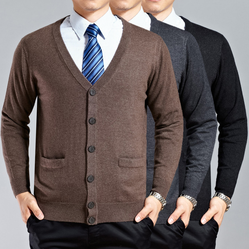 2017秋季男式羊绒衫开衫 中老年男士方便穿脱线衫 父亲纯色羊绒衫