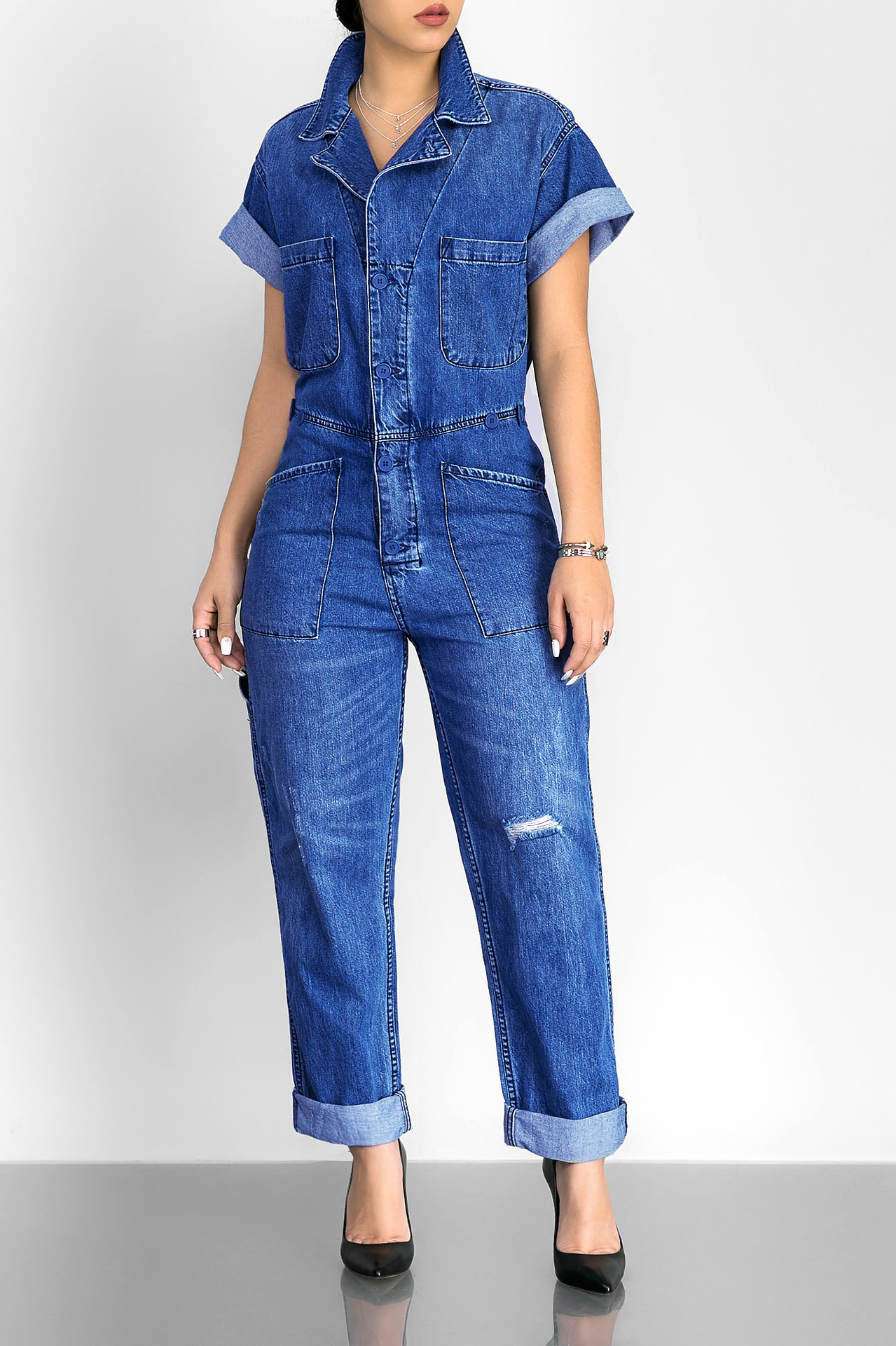 New Women Short Sleeve Buttons Denim Jumpsuit Long Blue Jean Jumpsuit for Women eBay