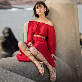 实拍海边度假酒红波西米亚雪纺沙滩裙尼泊尔度假海边裙连衣裙