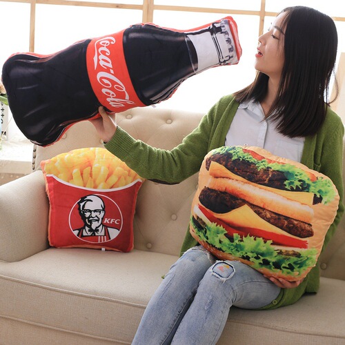 Customized printed simulated hamburger, tomato sauce, cola, pizza, instant noodles, snacks, plush toys wholesale