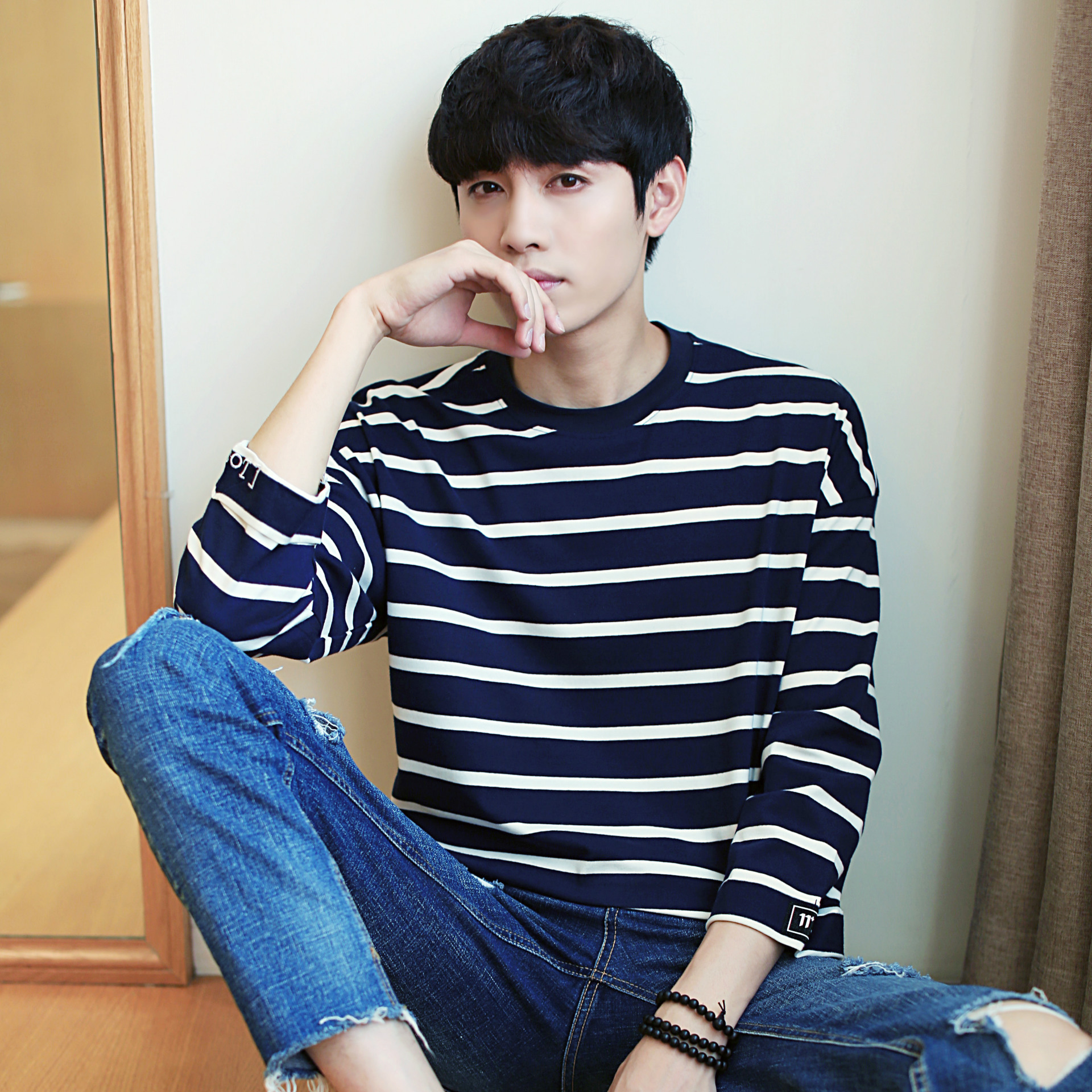 【亏本支持地摊】男士条纹t恤男七分袖宽松韩版潮流体恤男式衣服