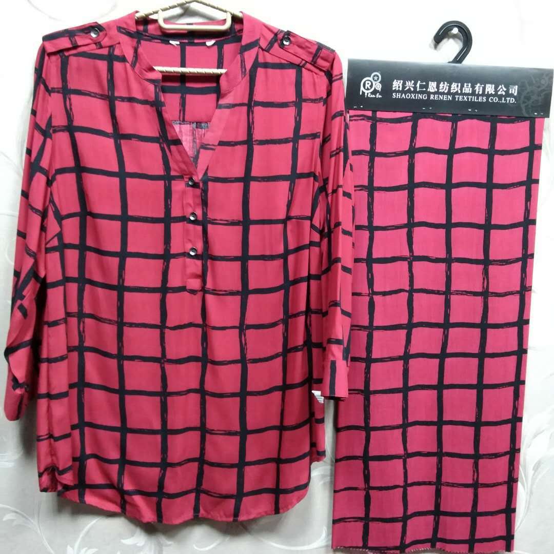 人棉府绸45*45/100*80 春夏女士衬衫粘胶布 红色格子梭织印花面料
