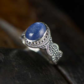 s925银镶嵌雕花戒指蓝晶石泰银戒指仿古做旧时尚女款手饰批发