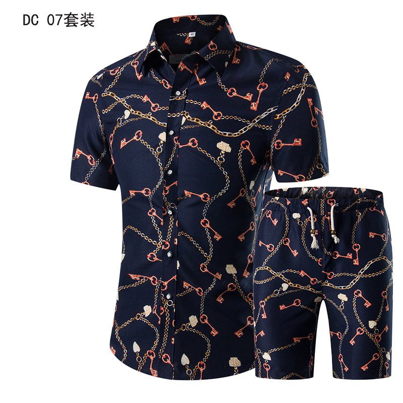 AliExpress Men's Short-sleeved Slim-fit Shirt Casual Shorts Summer New Large Size Printed Short-sleeved Suit