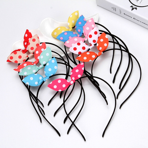 Korean Version Children's Handmade Fabric Headband with Rabbit Ears, Polka Dot Bow, Children's Headwear, Wholesale