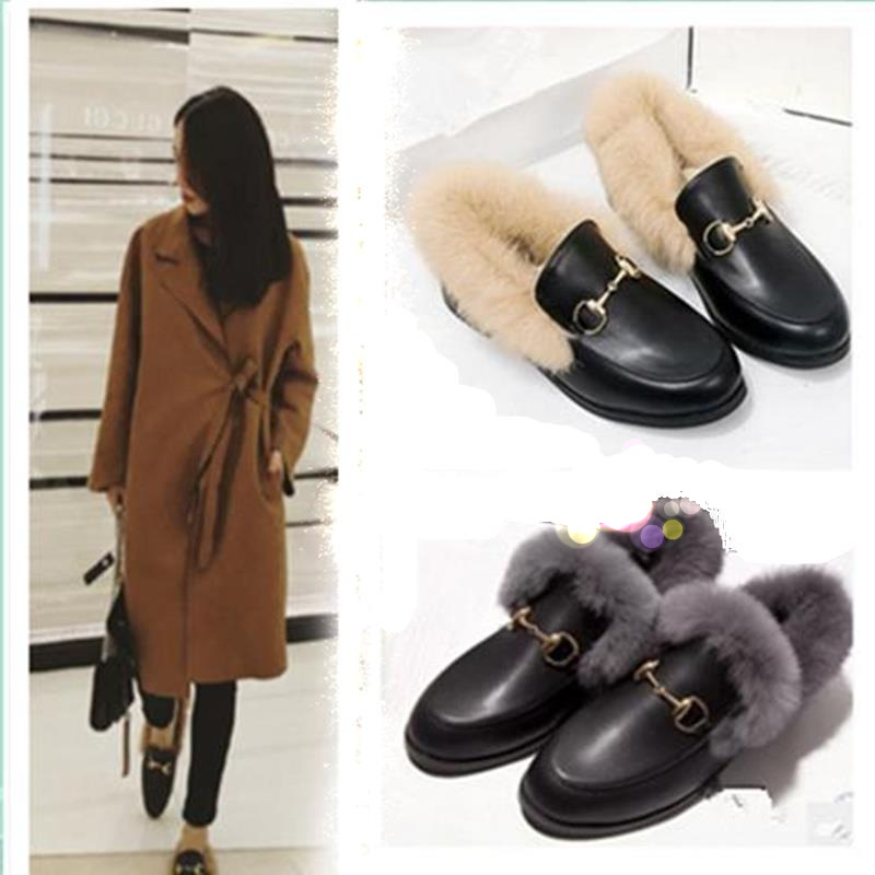 2018秋冬真皮毛毛鞋金属扣豆豆鞋平底兔毛单鞋女瓢鞋欧美加绒棉鞋