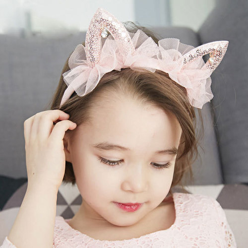 Korean style children's hair accessories pink little princess cute cat ears mesh rhinestone headband headband