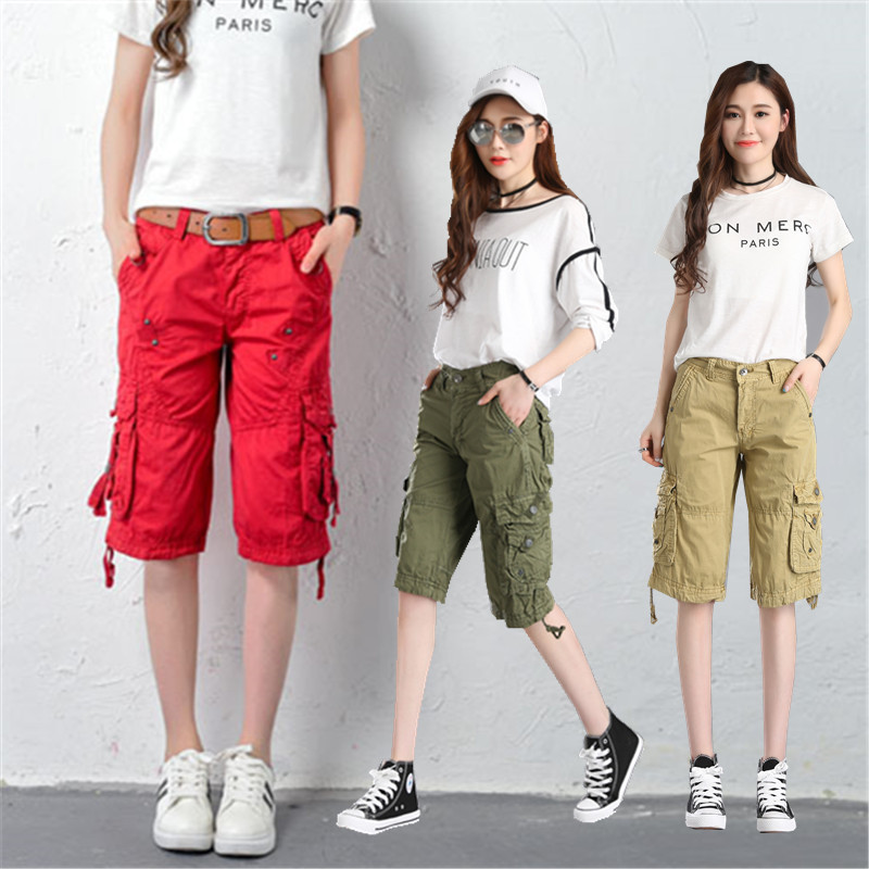 d-1361 new women's casual pants loose over-the-knee cropped pants multi-color plus size chubby girl pocket overalls straight pants