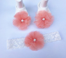 韩国热销宝宝花朵珍珠发带船袜三件套装婴儿百岁周岁宴会发带