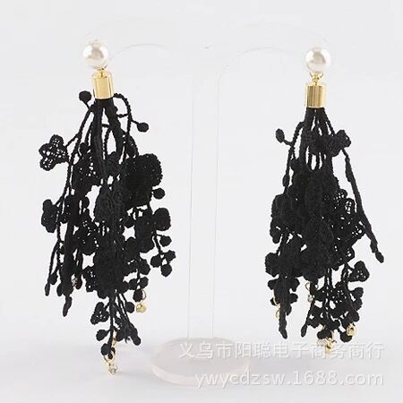 树叶流苏耳环成品黑色