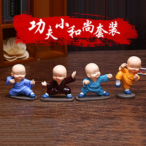 Cute Drunken Monk Car Ornament, Resin Kung Fu Miniature Monk Figurine—Perfect for Cars & as a Set of Four Miniature Monk Decorations