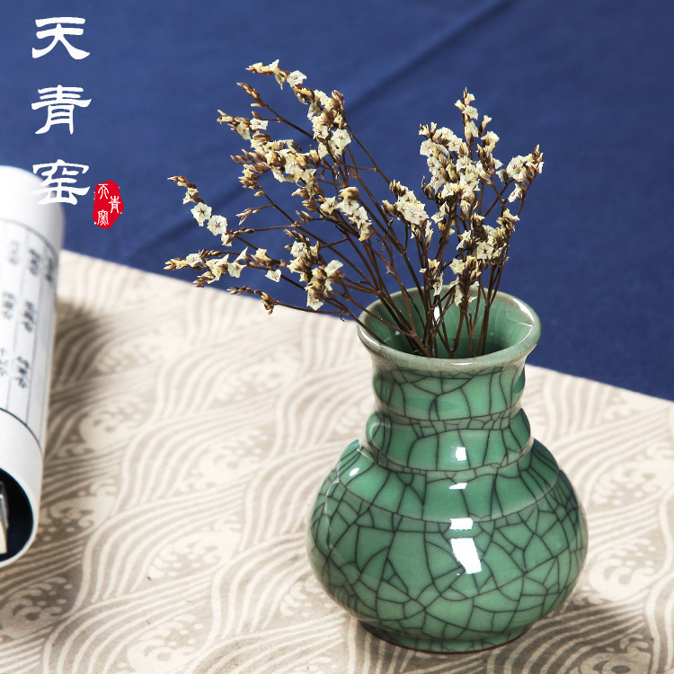 天青窑 创意新中式陶瓷水培插花花瓶 龙泉青瓷花器 家居饰品摆件