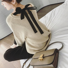秋冬季新款韓國chic風套頭v領后背綁帶針織衫毛衣女 顯瘦打底衫