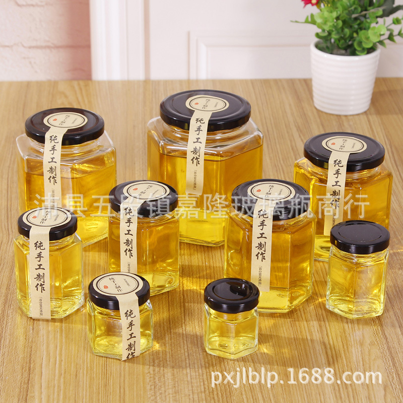 廠家直銷180ml六棱蜂蜜瓶玻璃醬菜瓶果醬燕窩瓶六角玻璃瓶辣椒醬