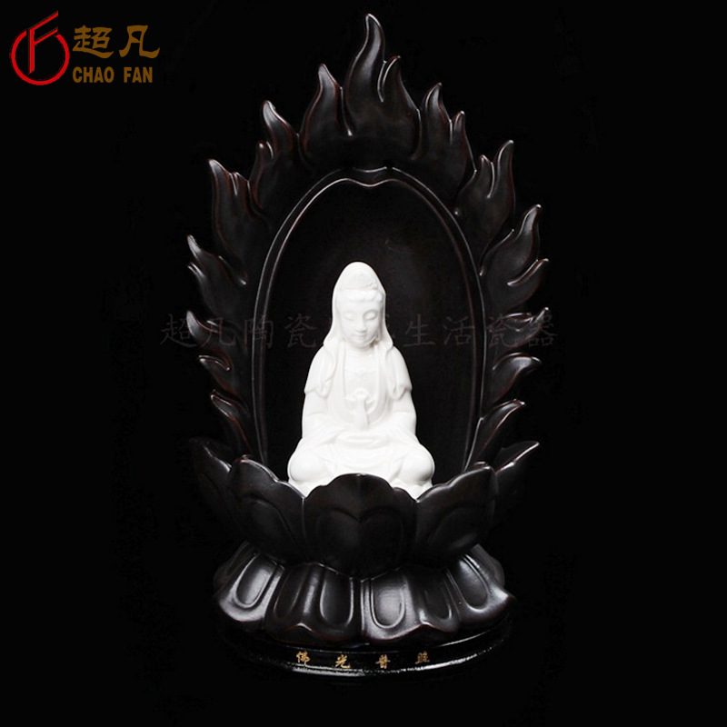 超凡陶瓷香道香器 圣火彩观音倒流香炉 白玉观音如来香炉摆件批发