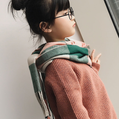 Children's Plaid Scarf with Lambskin Faux Lambskin - New Autumn/Winter Version, Striped Plaid, Colorful Contrast, Multicolored, Versatile Parent-Child Shawl