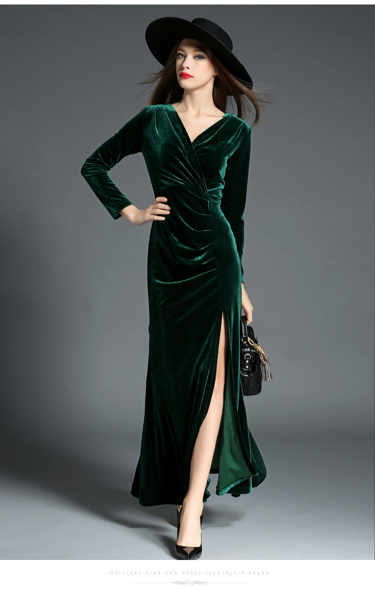 pleated split-end velvet dress  NSCX21929