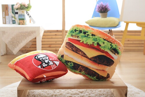 Customized printed simulated hamburger, tomato sauce, cola, pizza, instant noodles, snacks, plush toys wholesale