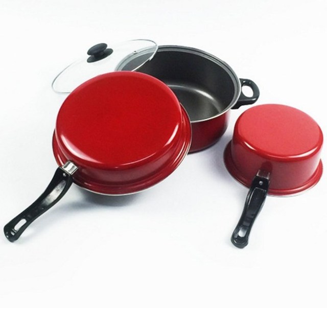 mảnh giữa màu đỏ của bộ không dính dụng cụ nấu không dính đầy màu sắc phù hợp với ba mảnh đáy phẳng sẽ bán quà tặng bán buôn Bộ dụng cụ nấu ăn