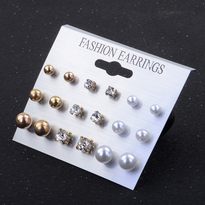 Jewelry Pearl Rhinestone Earrings Stud Earrings 9 Pairs Board Set display picture 10