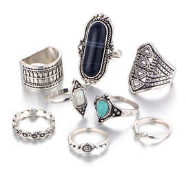 波西米亚环指套装民族风雕花镶钻复古宝石戒指女款七件套组合戒子