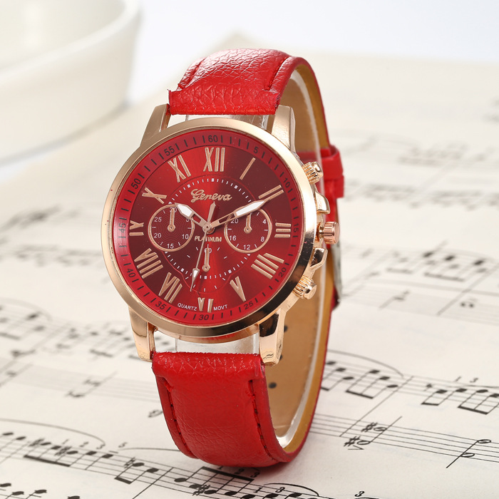 速卖通爆款女士手表日内瓦geneva假三眼皮带时尚女款罗马刻度女表|ru