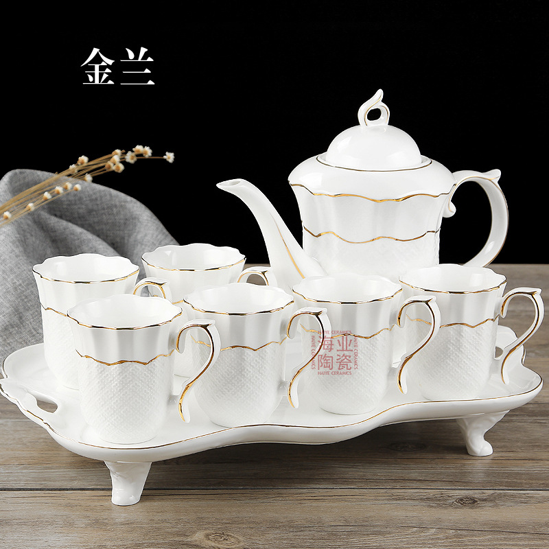 手绘描金陶瓷咖啡具套装下午茶具 大容量果汁冷水壶杯子托盘定制