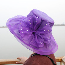 新品复古婚纱帽子珍珠网纱花朵礼帽双层欧根纱遮阳大檐帽太阳帽女
