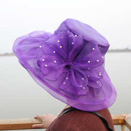 新品复古婚纱帽子珍珠网纱花朵礼帽双层欧根纱遮阳大檐帽太阳帽女