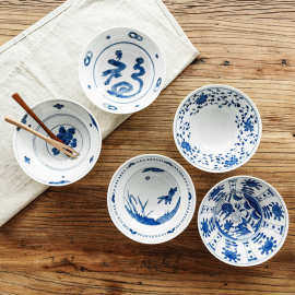 日本进口蓝凛堂陶瓷面碗  釉下彩创意斗形碗