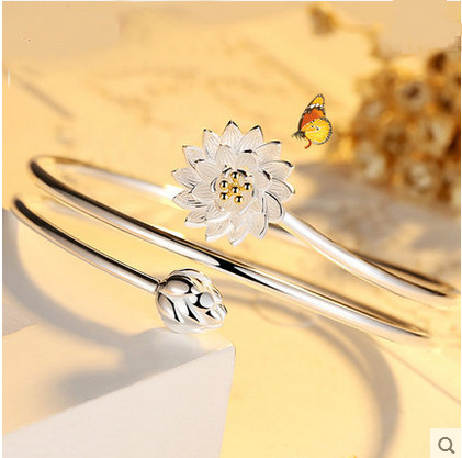 Lotus Silver Bangle Bracelet Pure Silver Women's Gift for Girlfriend Round Silver Bangle Open Silver Accessory Fine Multi-Ring Day-Korean Bracelet Accessory