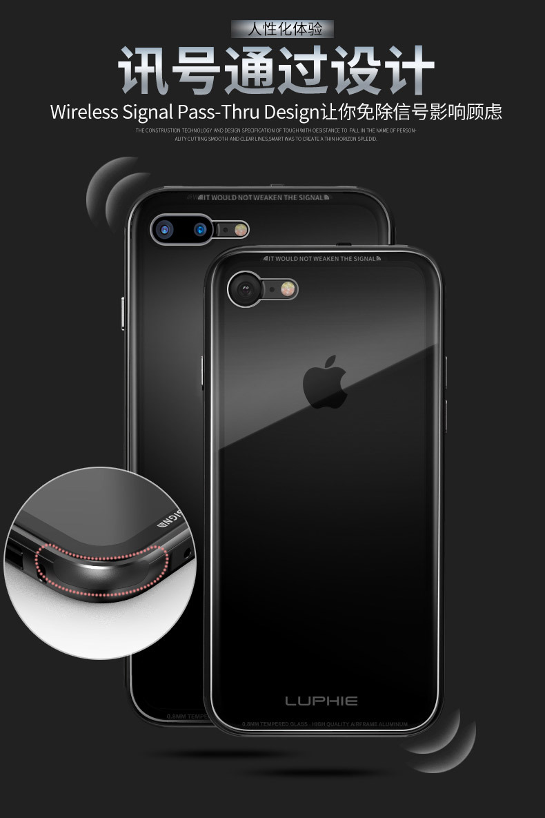 Luphie iGlass Airframe Aluminum Bumper Air Barrier Tempered Glass Back Case Cover for Apple iPhone 8 Plus & iPhone 8