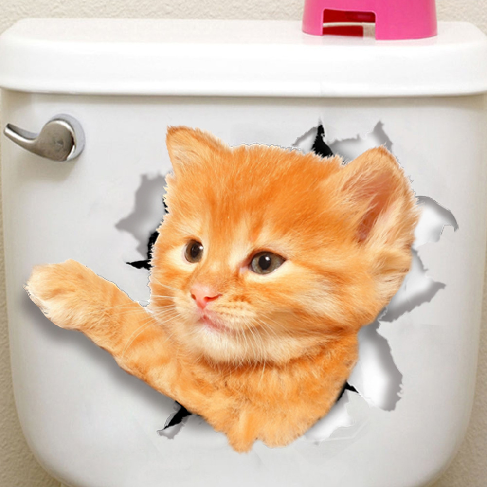 新款创意3d立体小猫小狗破墙装饰卫生间马桶贴盖笔记本贴画墙贴纸