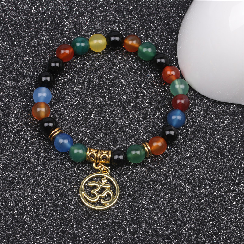 Chakra 8mm Natural Stone Bead Bracelet Colorful Chakra Agate Energy Yoga Buddha 3d Bracelet display picture 4