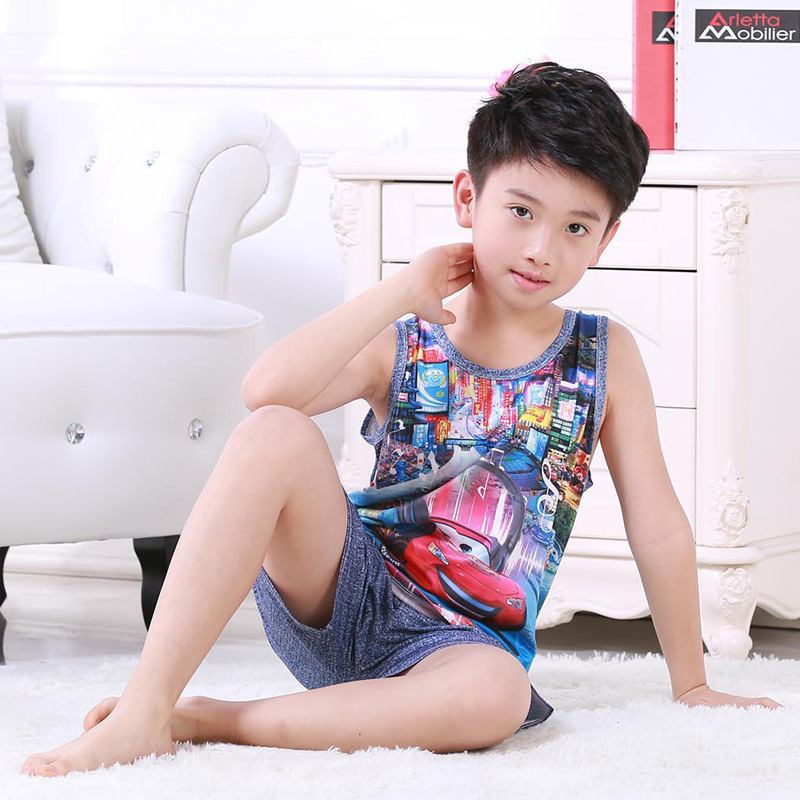 Wholesale children's sleeveless loungewear sets, summer boys' shorts vests, car modal cartoon style