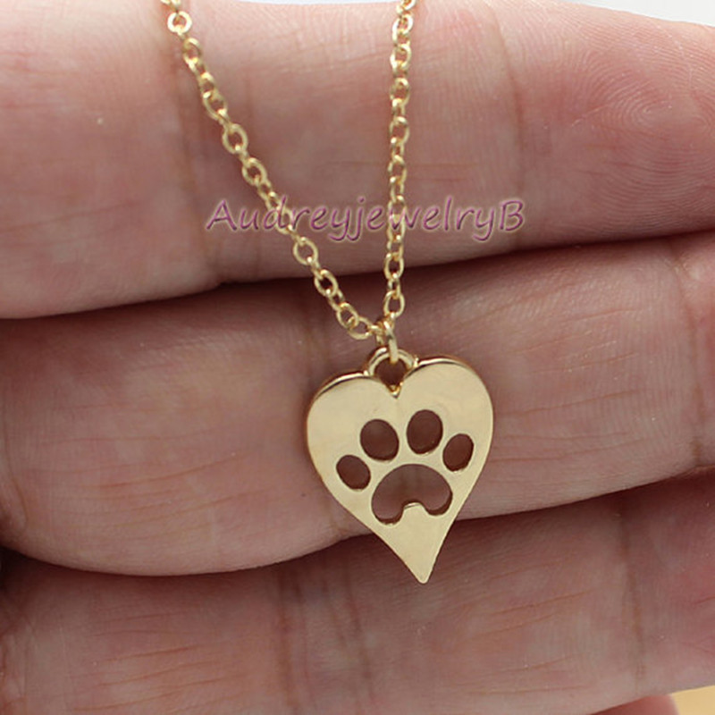 New cute animal cat paw foot necklace openwork peach heart necklace heart shaped dog paw print neckl