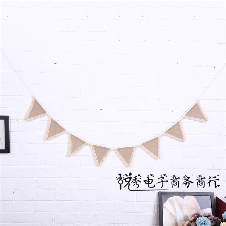 DIY环保麻布工艺装饰旗 派对圣诞婚庆类棉蕾丝拉旗 麻布三角旗