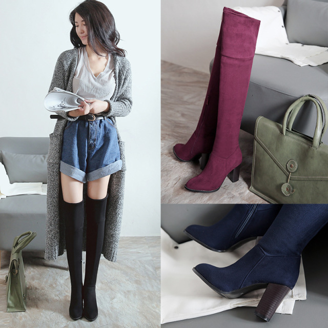 Flip over two Suede Boots Women’s boots Thick heel elastic barrel over knee boots