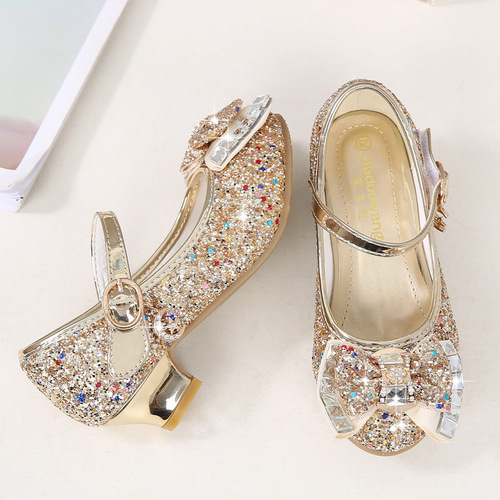 new autumn girls' small high-heeled leather shoes sequined upper bow decorated children's dance shoes